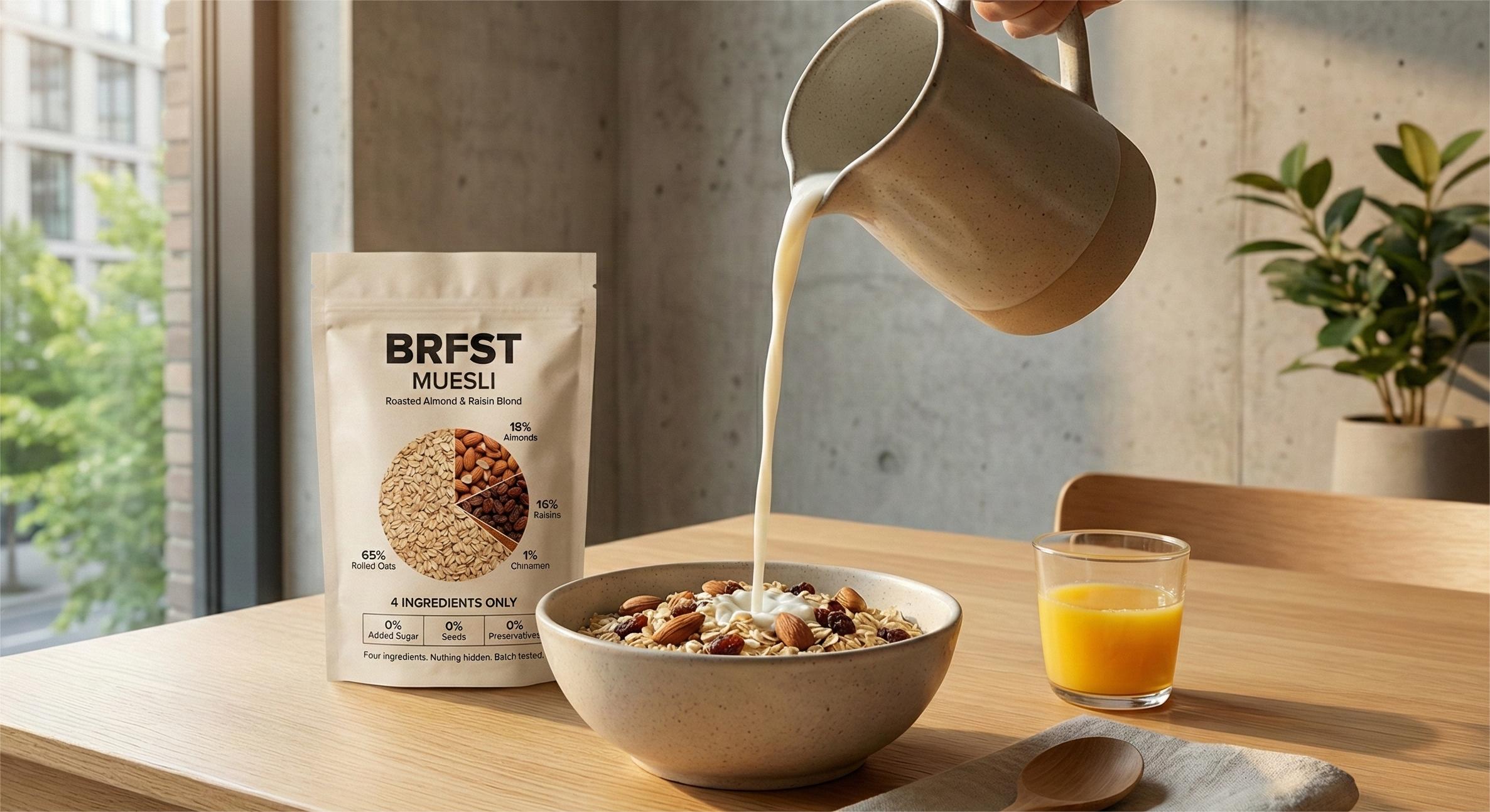 BRFST muesli bowl with fresh milk pour and product packaging