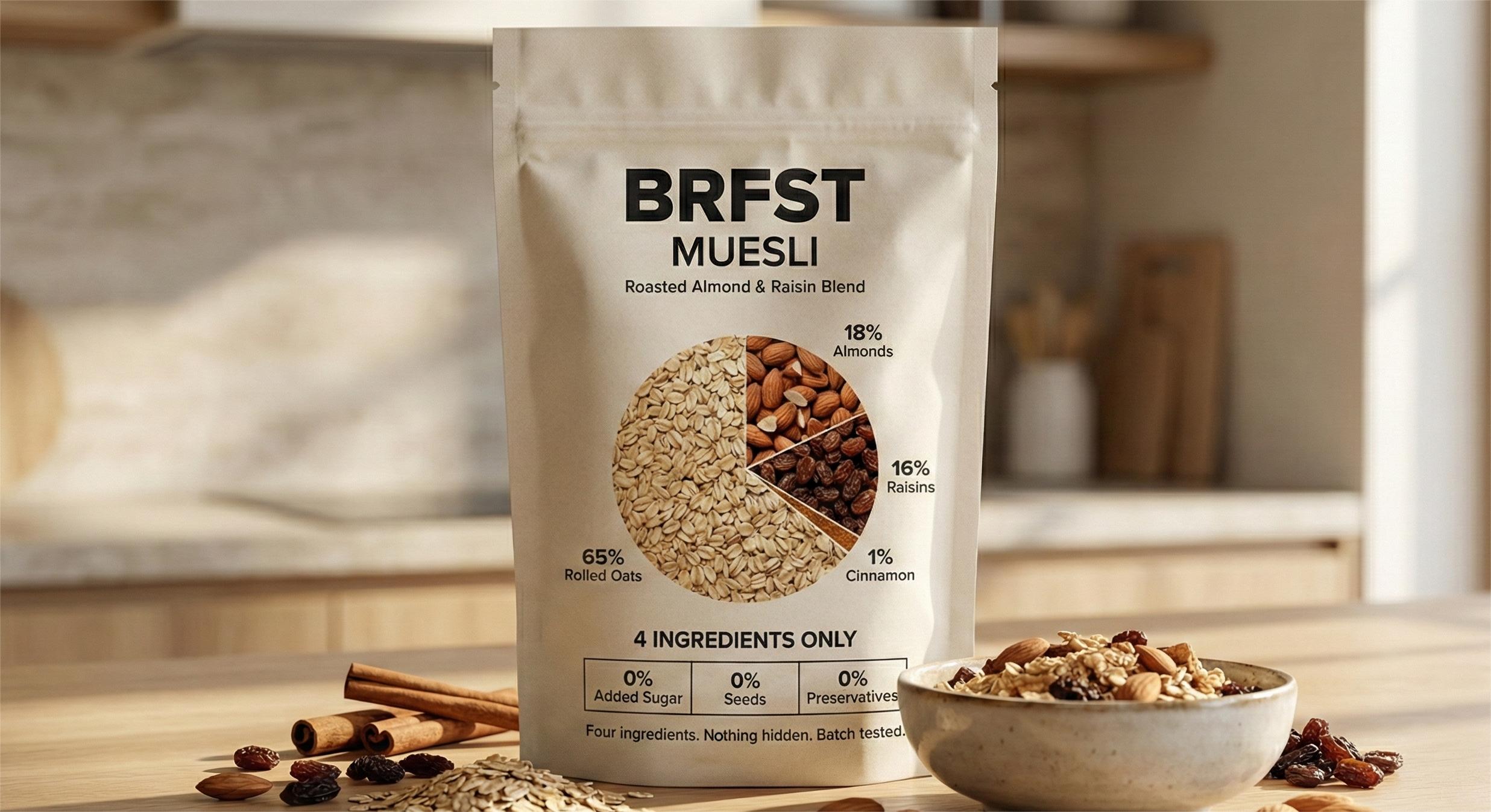BRFST muesli package in a natural kitchen setting